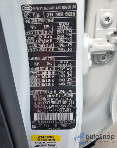 2019 Land Rover Discovery Sport Hse из США, поврежденный, VIN SALCR2FX1KH800483